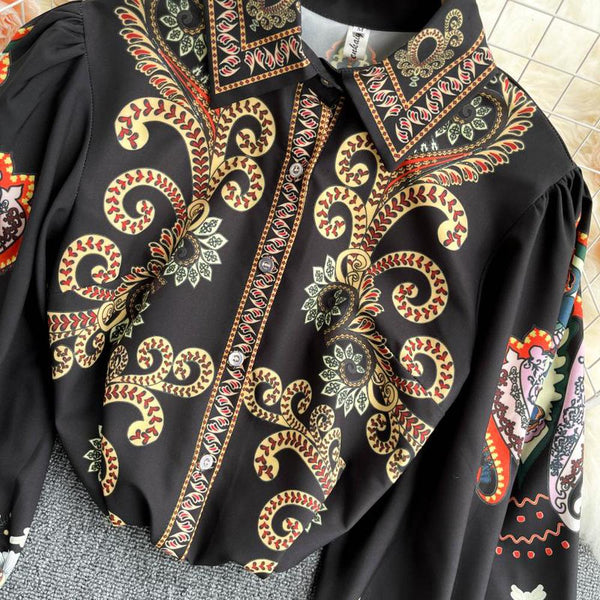 Retro Black Lapel Field Totem Print Buttoned Lantern Sleeve Blouse AR1004 shopify