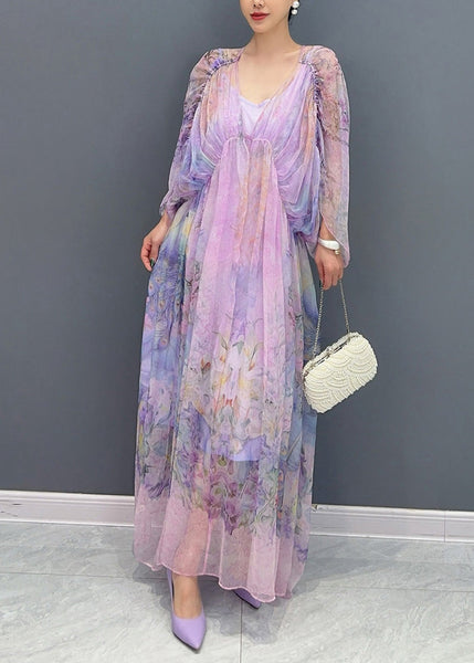 Women Lavender U Neck Print Patchwork Long Dresses Summer AO1064 JDML-SDL240909