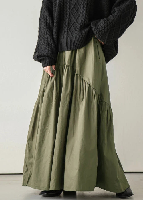 Army Elastic Green Skirt Spring Waist Cotton Loose Wrinkled FashionChic