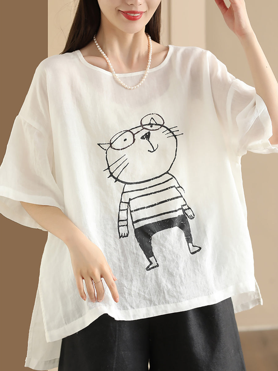 Women Summer Cartoon Cat Print Ramie Pullover Shirt OO1034 BUYKUD