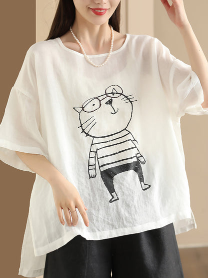 Women Summer Cartoon Cat Print Ramie Pullover Shirt OO1034 BUYKUD