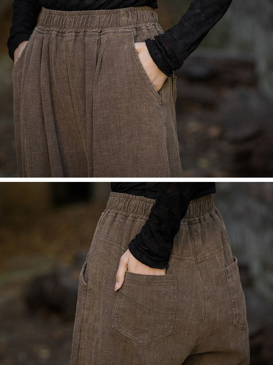 Women Vintage Autumn Solid Loose Ramie Cuffed Pants AT1013 BXF