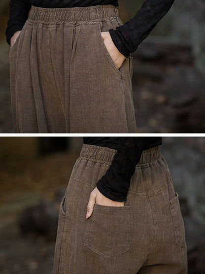 Women Vintage Autumn Solid Loose Ramie Cuffed Pants AT1013 BXF