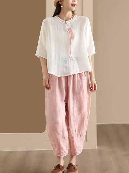 Women Summer Vintage Solid Ramie Harem Pants CX024 BUYKUD