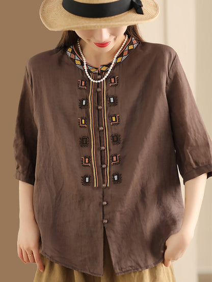 Women Summer Ethnic Embroidery Ramie Shirt ZZ1053 Ada Fashion