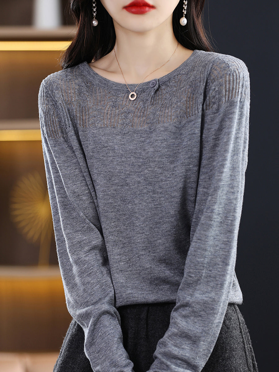 Women Autumn Solid Knit 100%Wool O-Neck Sweater QM019 BK