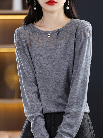 Women Autumn Solid Knit 100%Wool O-Neck Sweater QM019 BK