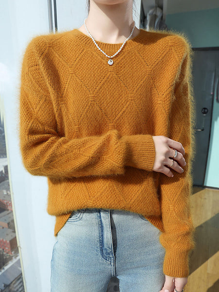 Women Autumn O-Neck Solid Rhomboids Wool Warm Knit Sweater AV1010 Genistyle Shop
