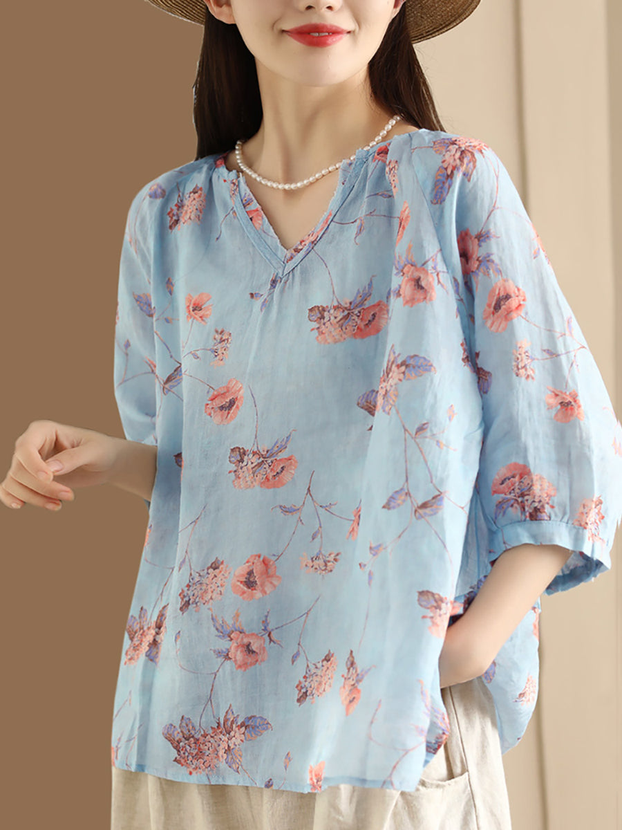 Women Summer Flower V-Neck Ramie Loose Shirt OO1035 ZMMM