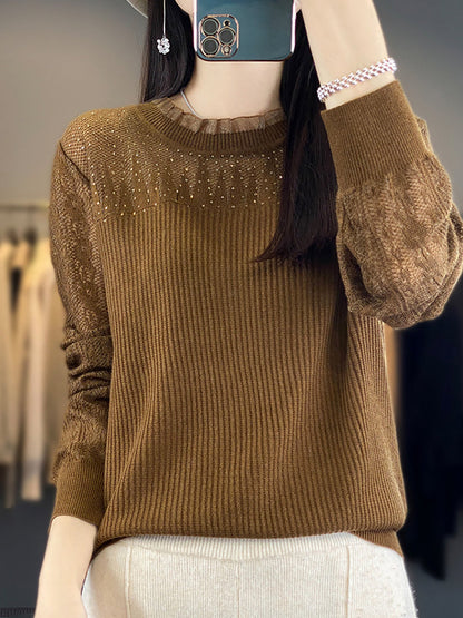 Women Autumn Solid Lace Knit Sweater QM030 BK