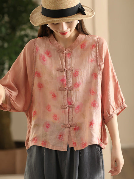 Women Summer Vintage Flower Spliced Button-up Ramie Shirt FD042 ZMMM