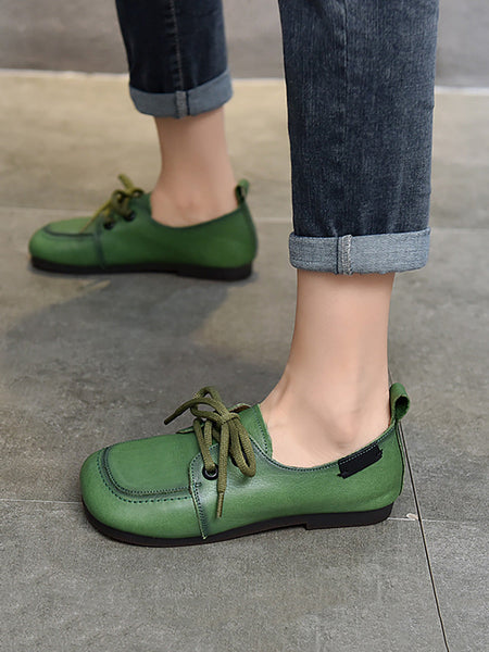 Women Summer Retro Solid Leather Square Toe Flat Shoes CX041 TZTJ