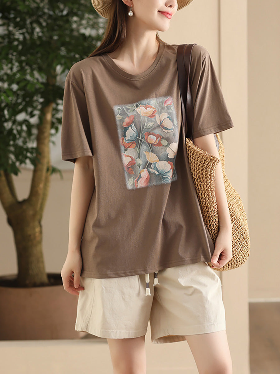Women Summer Casual Flower Spliced Cotton Shirt CC031 JPFS