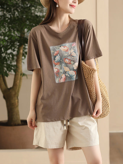 Women Summer Casual Flower Spliced Cotton Shirt CC031 JPFS