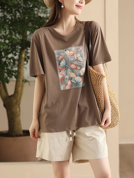 Women Summer Casual Flower Spliced Cotton Shirt CC031 JPFS