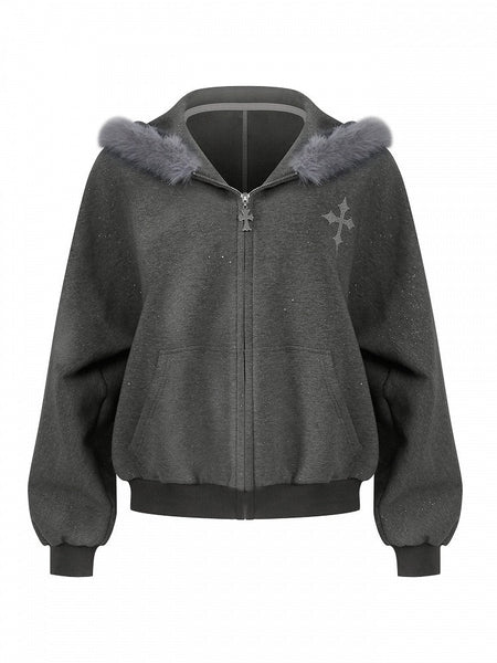 White/Gray Bear Fur Hoodie Daily Hood Trim Lush Coat Kawaii - Ear FashionChic