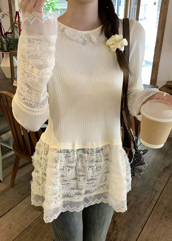 T Fit Patchwork Slim Button Shirt Spring Lace Beige FashionChic