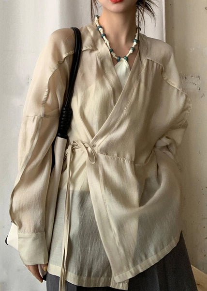 French Apricot V Neck Lace Up Silk Cotton Blouse Long Sleeve EE022 shopify