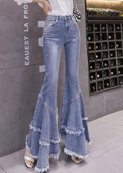 Denim Spring Stylish Tasseled Flared Patchwork Trousers Blue FashionChic
