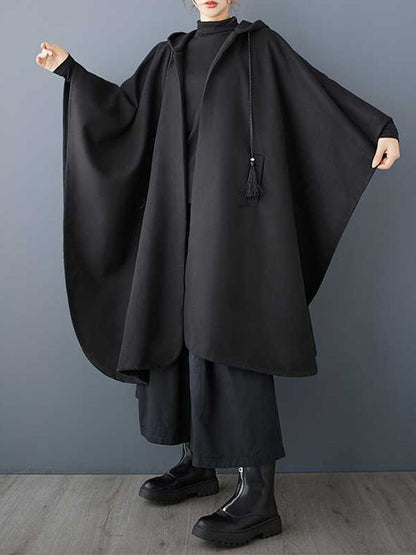Stylish Black Hooded Drawstring Tasseled Pockets Zip-up Batwing Sleeve Trench Coat TW007 ABC