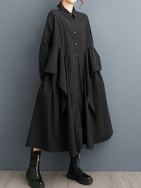 Unique Black Lapel Buttoned Patchwork Ruffle Trim Long Sleeve Dress TW018 ABC