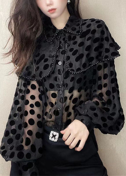 Patchwork Black Unique Velour Blouses Nail Collar Pan Bead Peter FashionChic