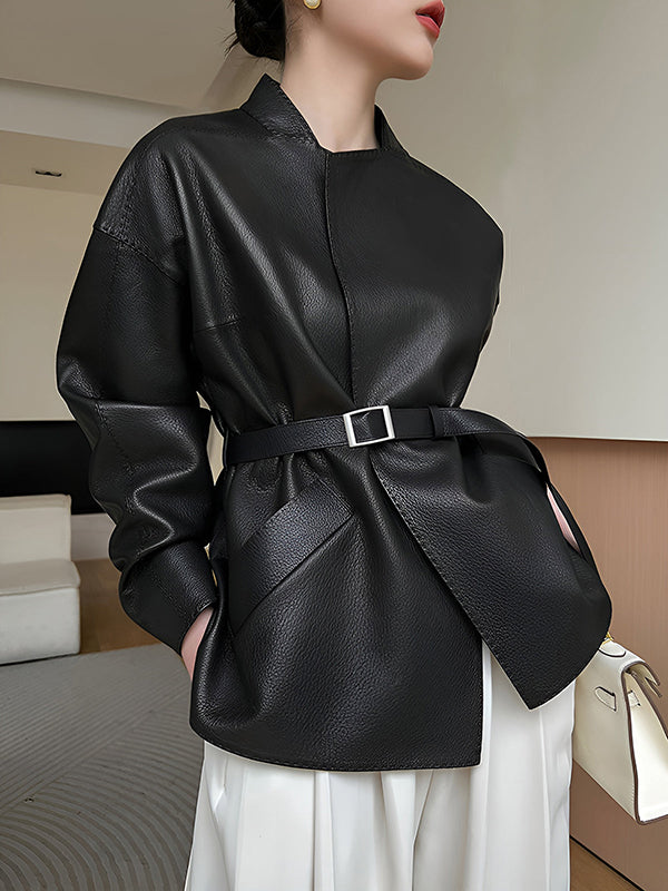 Modern Black Stand Collar Belted Pockets Long Sleeve Pu Leather Jacket TW013 ABC