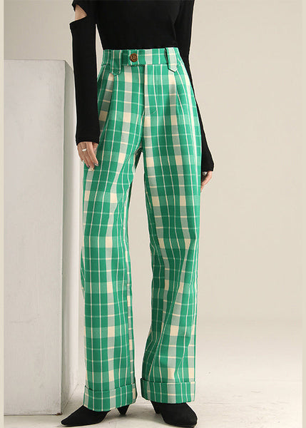 Bohemian Green Plaid high waist straight pants Spring TT1019 shopify
