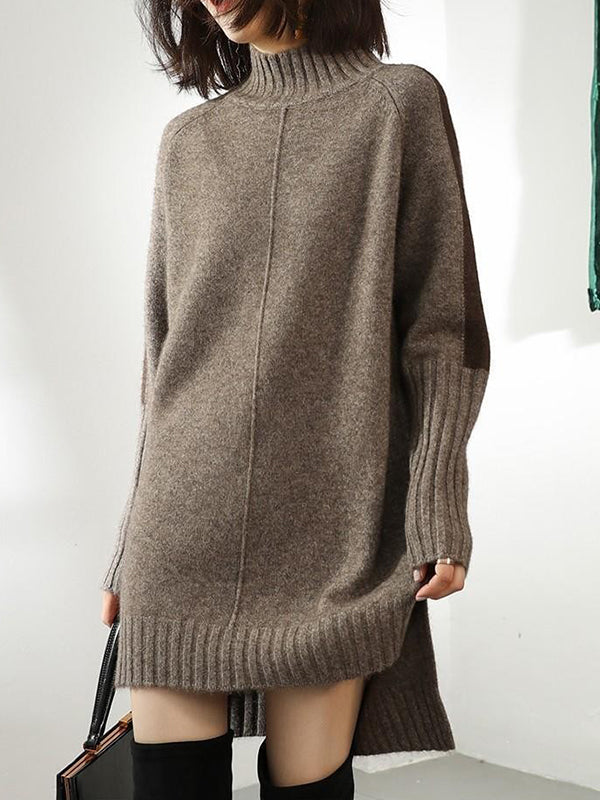 Urban Camel Half Turtleneck Contrast Color Long Sleeve Knit Sweater Dress AN1068 Genistyle Shop