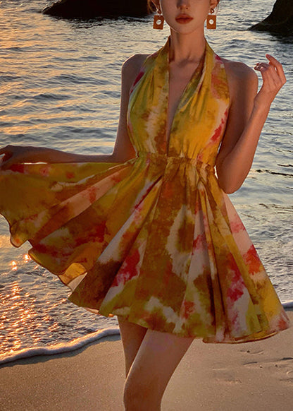 Dresses Up Chiffon Yellow Mini Print Stylish Lace Backless FashionChic