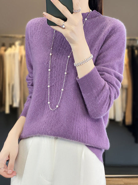 Women Autumn Solid Cable Knit 100%Wool Half Turtleneck Sweater QN028 BK