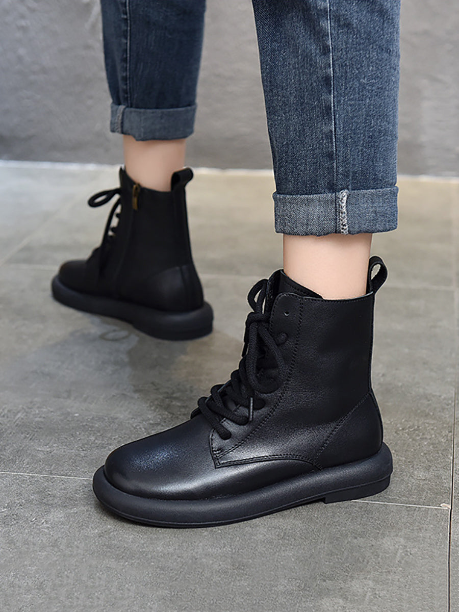 Women Genuine Leather Soft Zipper Mid Heel Martin Boots QU022 TZTJ