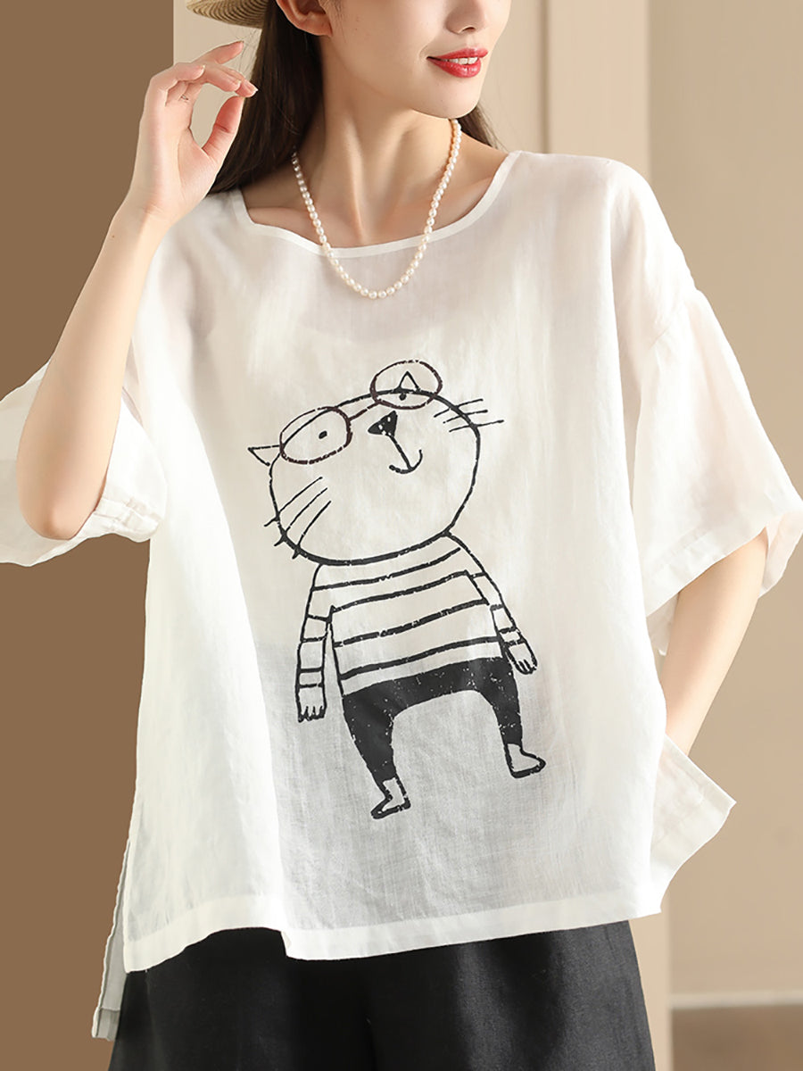 Women Summer Cartoon Cat Print Ramie Pullover Shirt OO1034 BUYKUD