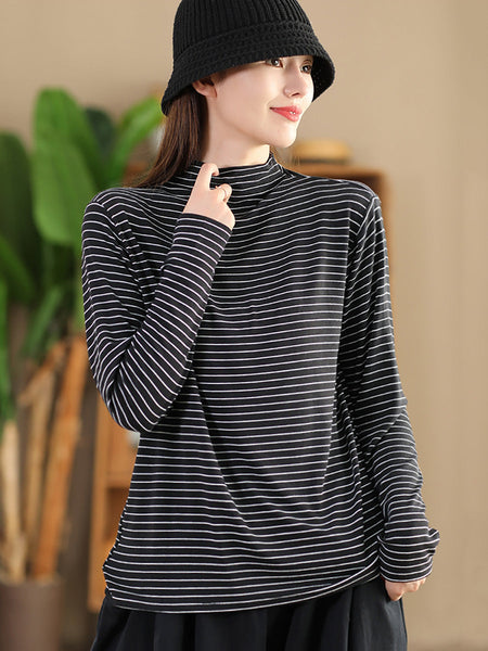 Women Autumn Casual Stripe Half Turtleneck Blouse AI1064 ZMMM