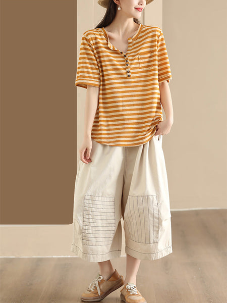 Women Sumer Casual Stripe V-Neck Button Shirt II1019 BUYKUD