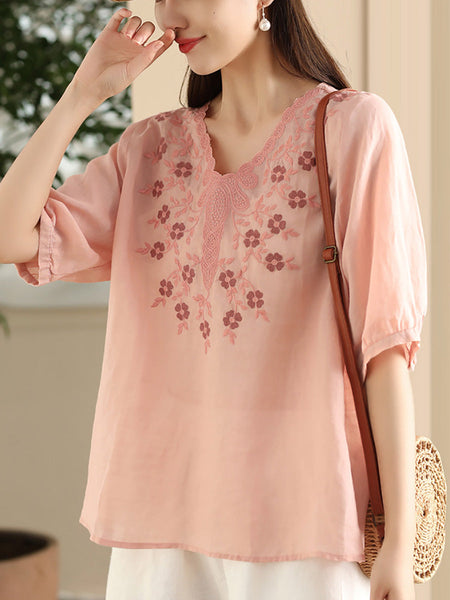 Women Summer Artsy Flower Embroidery Ramie V-Neck Shirt CC030 LPP