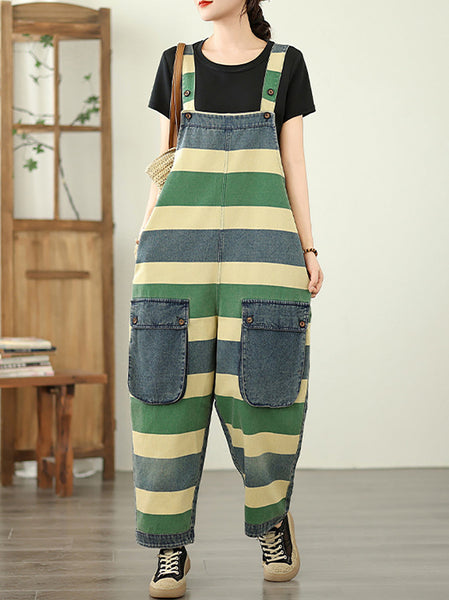 Summer Colorblock Women Loose Denim Stripe Jumpsuits FashionChic
