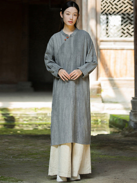 Women Autumn Vintage Tie-dye Ramie Robe Dress BA1042 Genistyle Shop