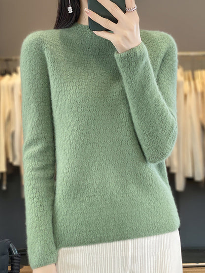Women Autumn Casual Solid Knit 100%Wool O-Neck Sweater WU010 BK