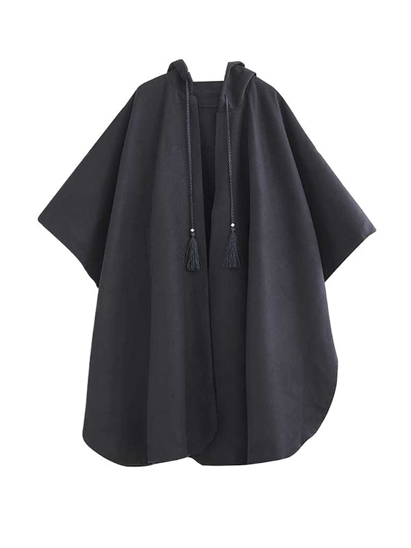 Stylish Black Hooded Drawstring Tasseled Pockets Zip-up Batwing Sleeve Trench Coat TW007 ABC