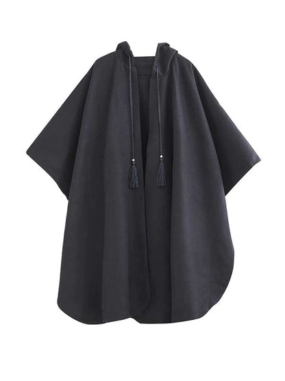 Stylish Black Hooded Drawstring Tasseled Pockets Zip-up Batwing Sleeve Trench Coat TW007 ABC