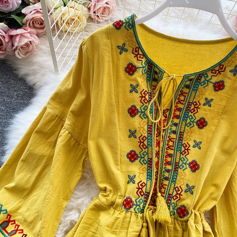Ethnic Yellow Crew-neck Embroidery Raglan Long Puff Sleeve A-line Dress AR1006 shopify