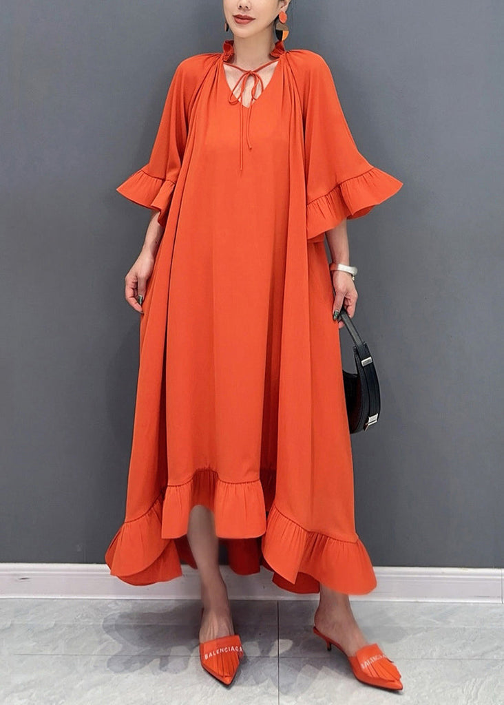 Art Orange V Neck Vacation Long Dresses Flare Sleeve AO1046 JDML-FDL240909