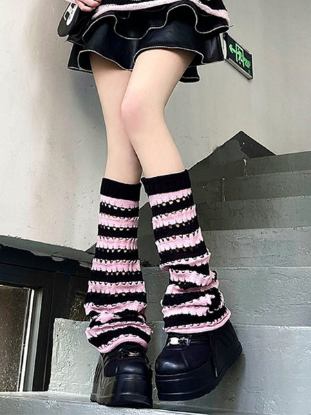 Knitted 3 Colors Design Cut-out Leg Warmers Striped Pattern FashionChic