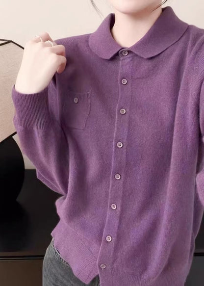 Handmade White Peter Pan Collar Pockets Solid Cotton Knitted Cardigans Fall QP009 OL-NCT241001