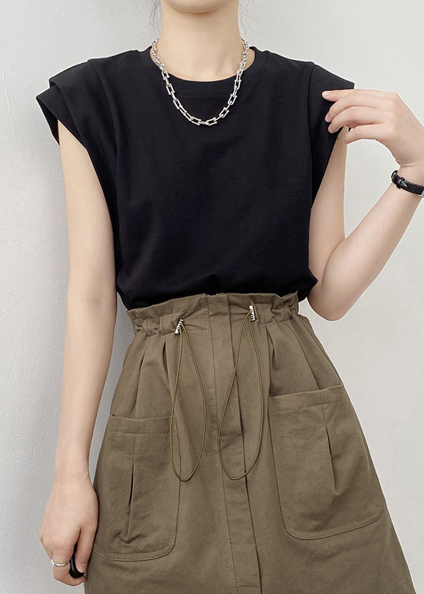 Neck Cotton Shirts Black O Summer Solid T FashionChic