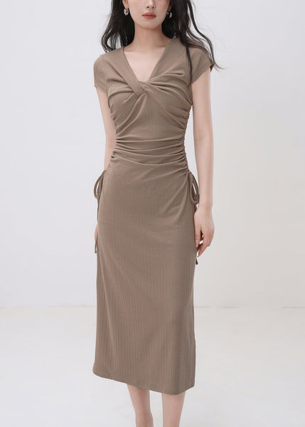 Classy Black V Neck Cinched Maxi Dresses Short Sleeve EE033 shopify