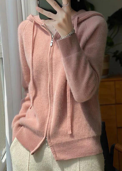 Elegant Pink Hooded Zip Up Wool Knit Coat Fall QX034 shopify