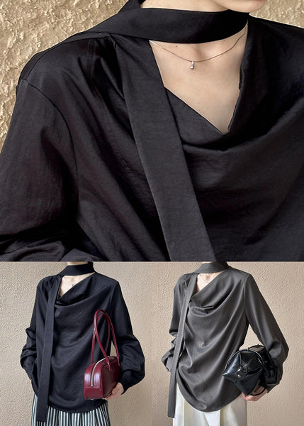 Black Solid Loose Cotton Shirt Bow Long Sleeve AF1057 HS-LTP240914