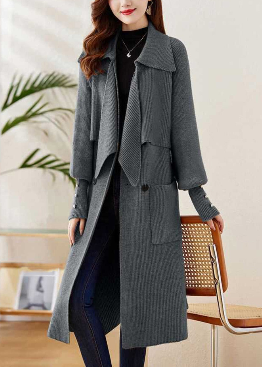 Elegant Grey Peter Pan Collar Tie Waist Knit Coats Winter WD028 OL-NCT241103